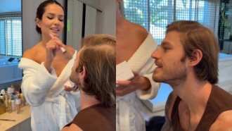 Juliette maquia o noivo e brinca: 'Quer tirar as olheiras'