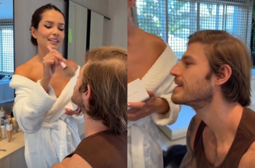 Juliette maquia o noivo e brinca: 'Quer tirar as olheiras'