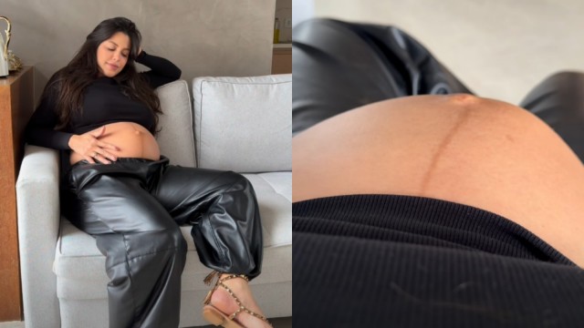 Laís Caldas mostra Alice chutando sua barriga de grávida: 'Meu mundo todinho'