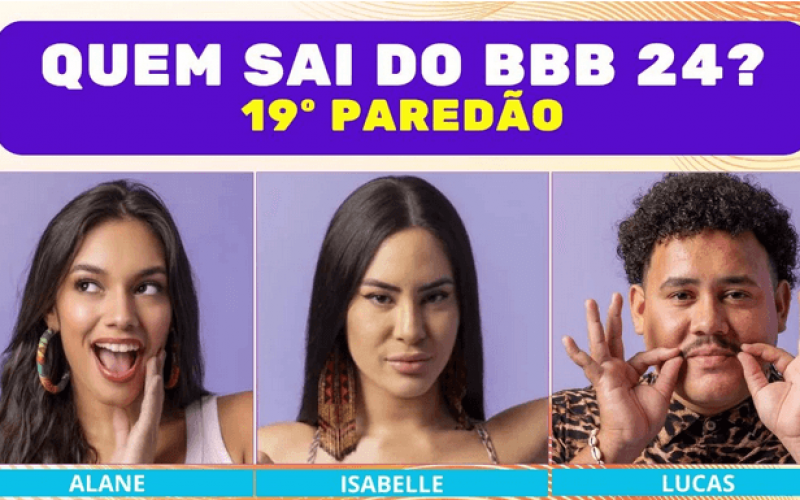 Enquete BBB 24 + Votação Gshow: Alane, Isabelle ou Lucas, quem sai no 19º Paredão? E quem entra no top 5