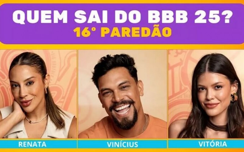 Enquete BBB 25 16º Paredão: quem deve sair entre Renata, Vinícius ou Vitória?