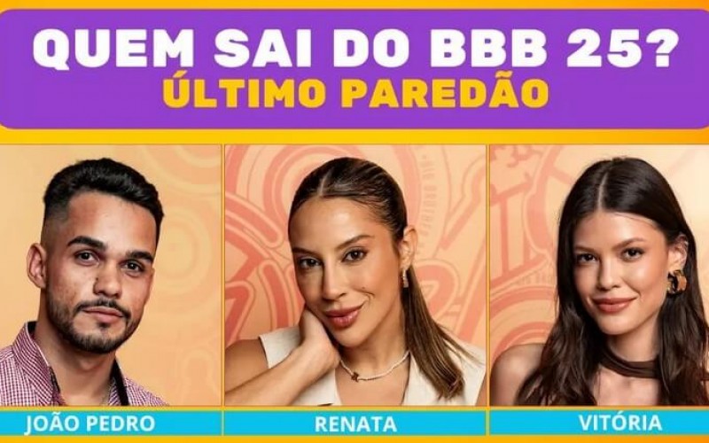 Enquete BBB 25 último Paredão: quem sai do reality, João Pedro, Renata ou Vitória?