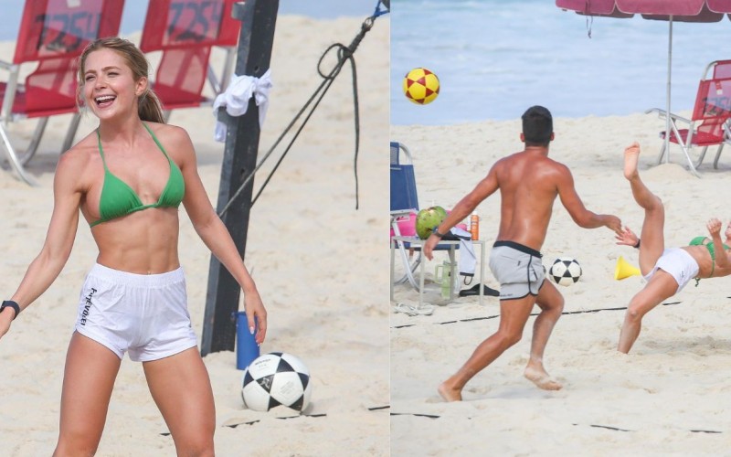 Jade Picon mostra habilidade em  futevôlei na praia e exibe coxas torneadas