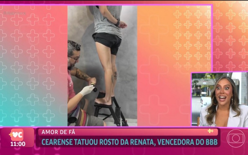 Renata se surpreende com tatuagem de fã na perna: 