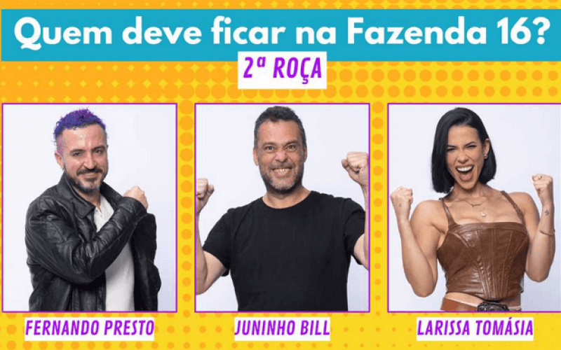 Votação A Fazenda 16: Fernando Presto, Juninho Bill e Larissa Tomásia estão na 2ª Roça, quem você quer salvar?
